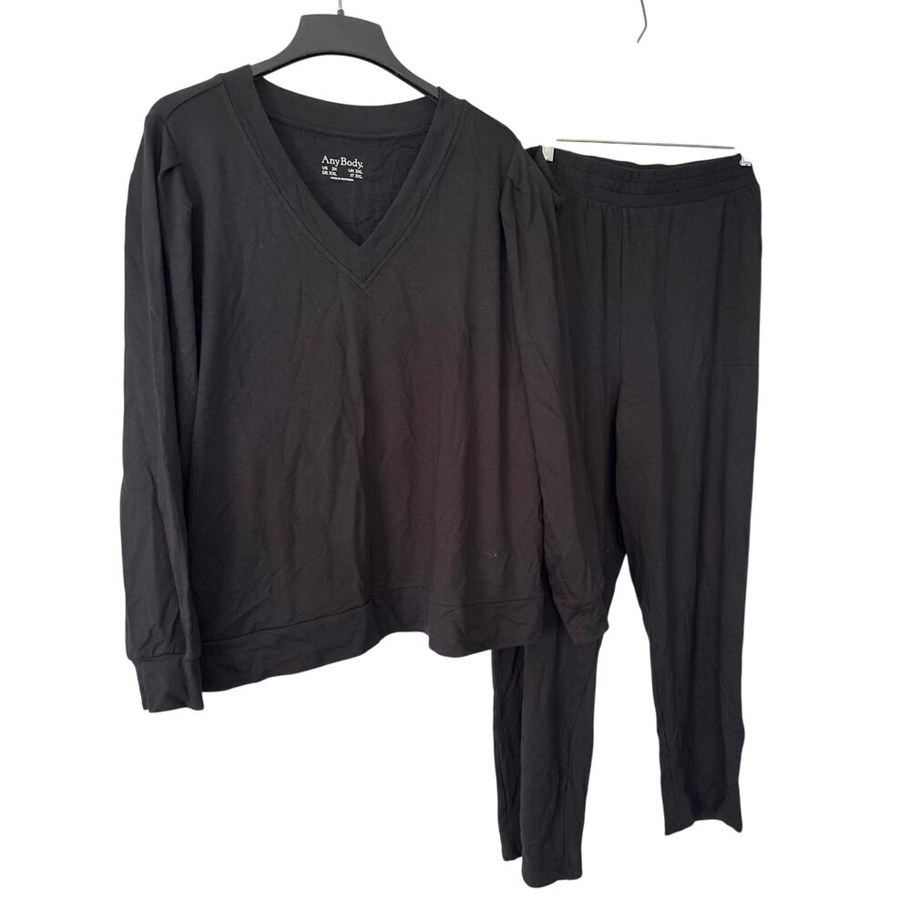 AnyBody Regular Knit French Terry Top Pant Set Plus Size 2X Black